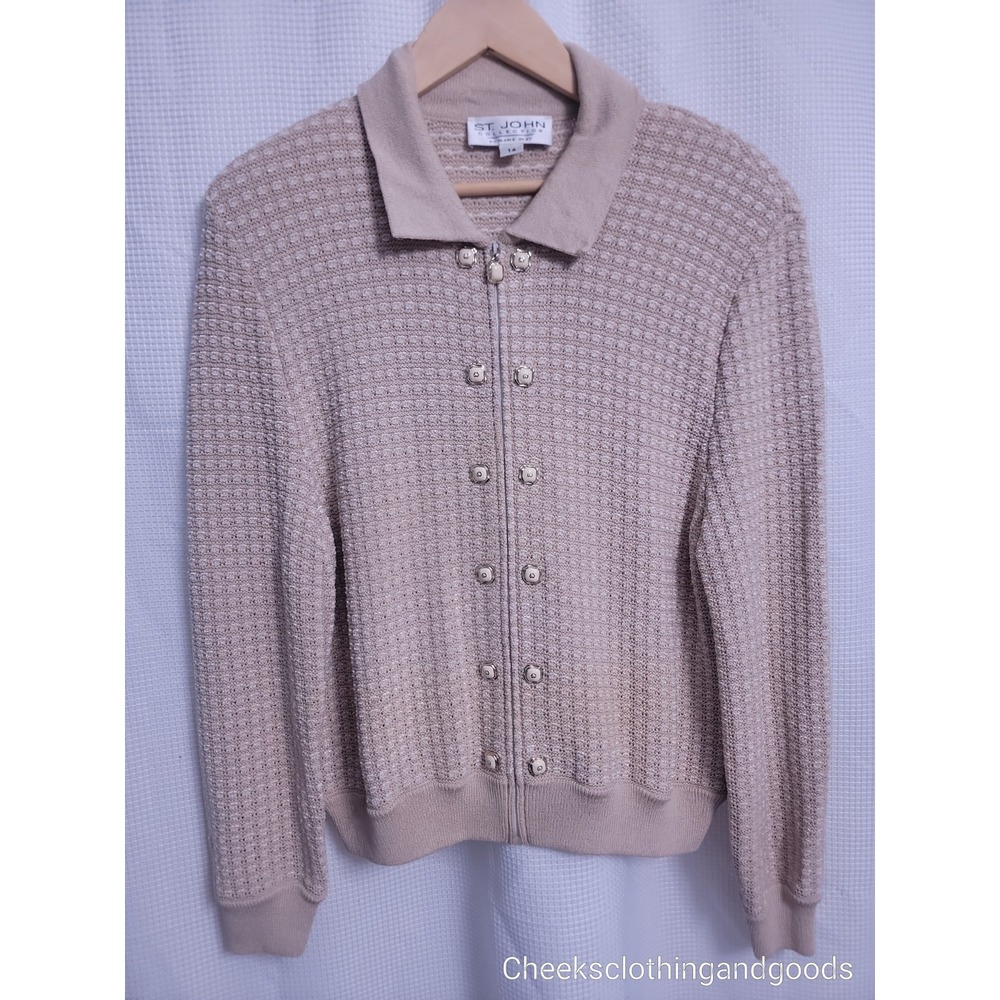 St John Collection Knit Zip Front Cardigan Beige Gold Button Size 14 - Picture 2 of 10